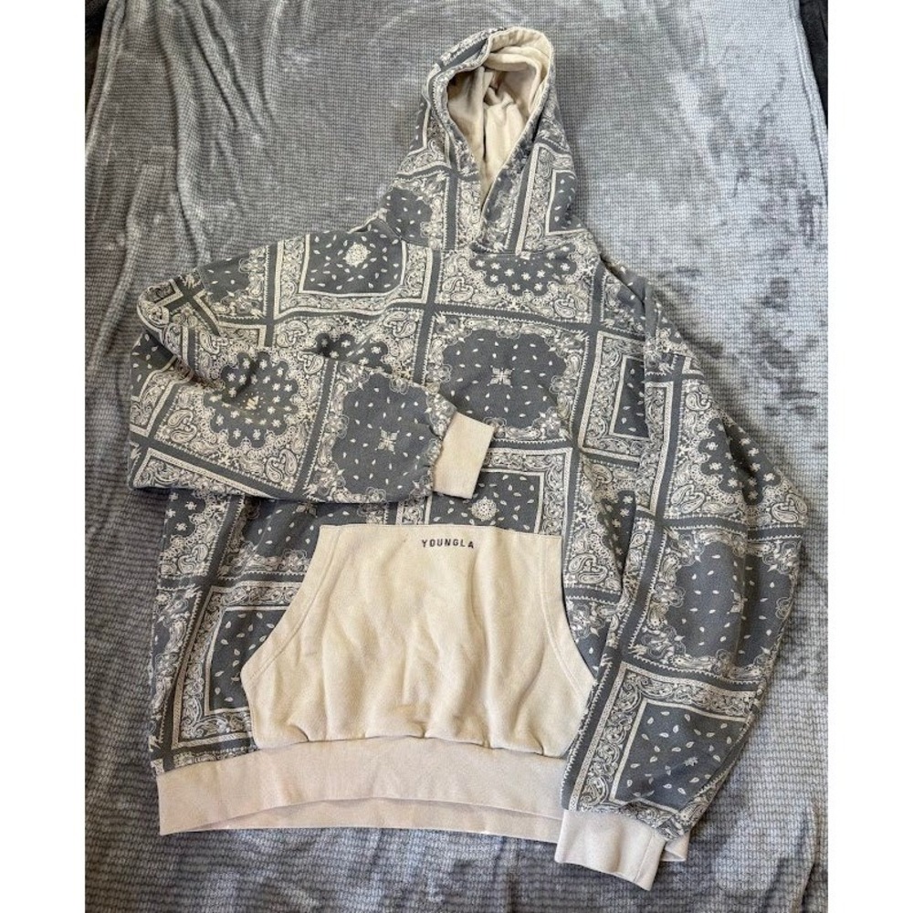 YoungLA 539 Bandana Paisley Hoodie Grey Cream Mens 2XL Heavyweight Sweatshirt